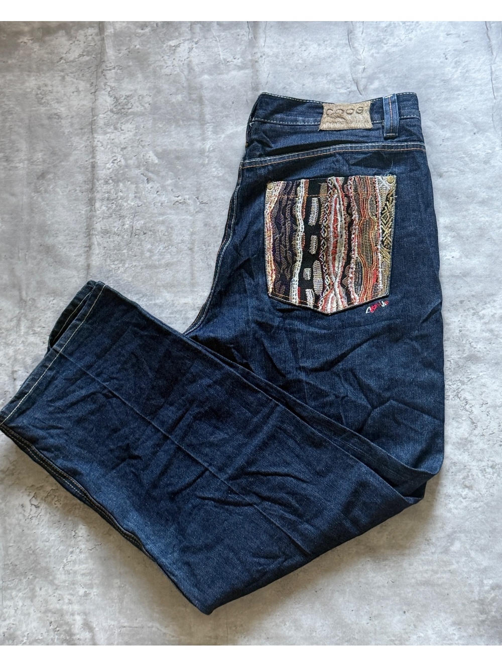 Retro COOGIE Baggy Straight Leg Denim Patch Jeans Sz 40 x 34